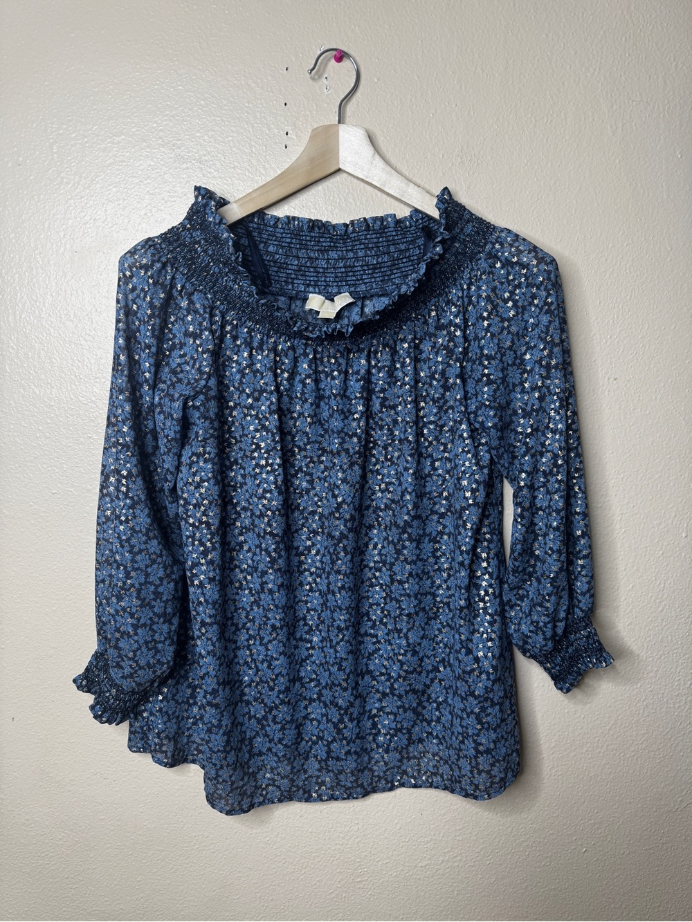 Michael Michael Kors Shirt Women’s Large Blue Floral Peasant Blouse Smocked Boo